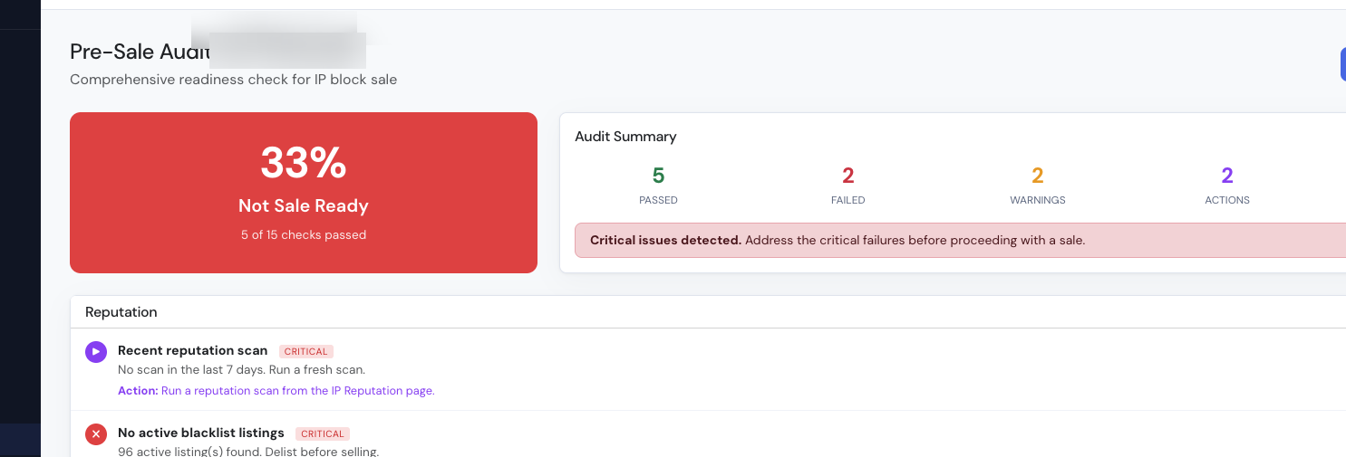 Pre-sale audit dashboard showing transfer readiness score, audit summary with passed, failed, and warning checks