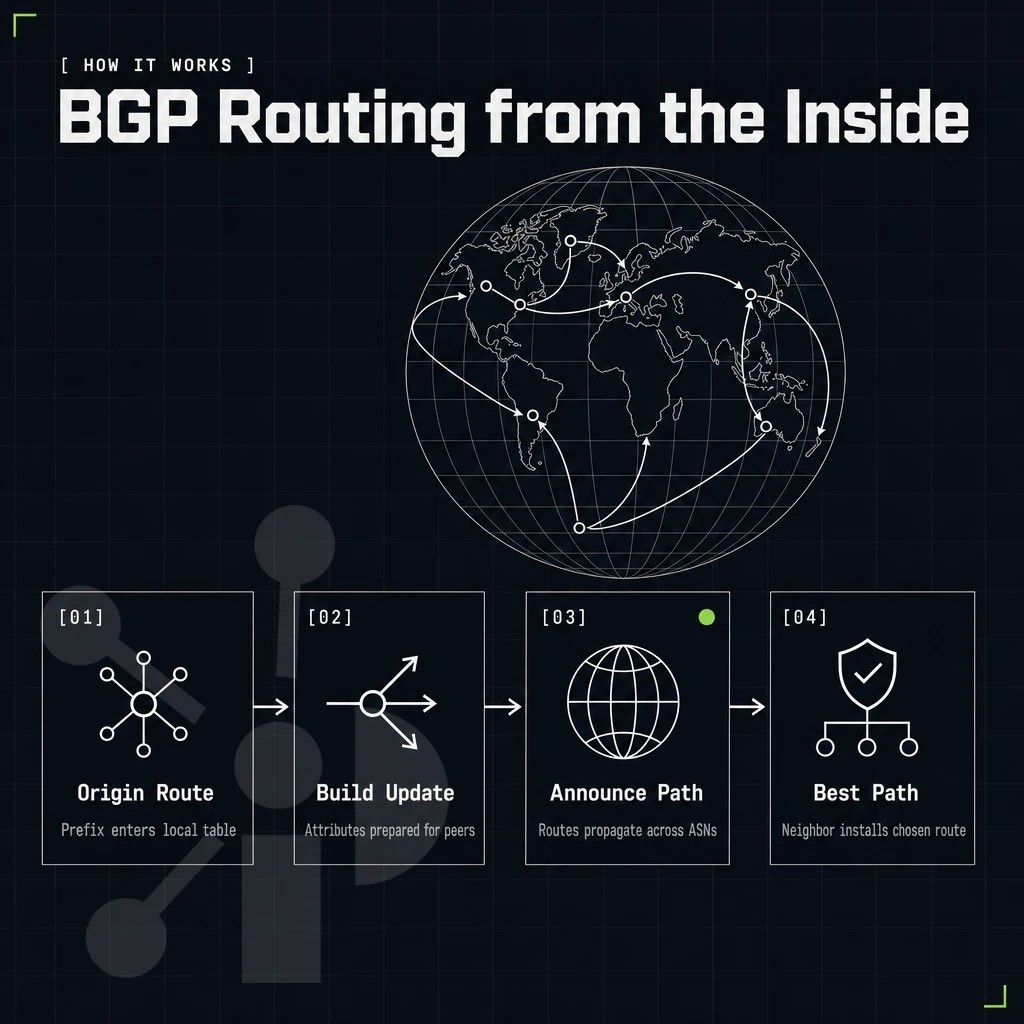 BGP route lines arcing between node pins on a globe