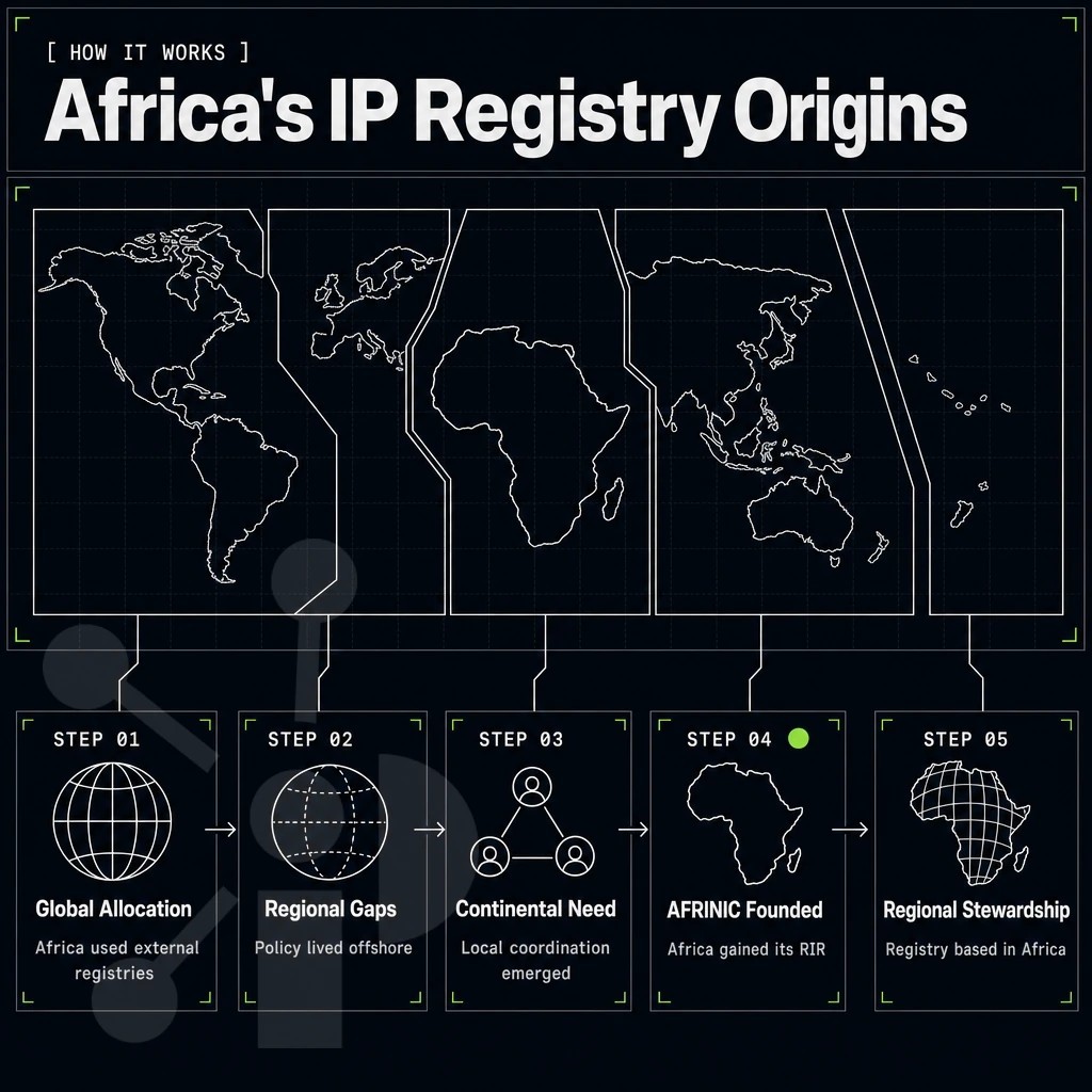 world map with the five regional registry zones outlined