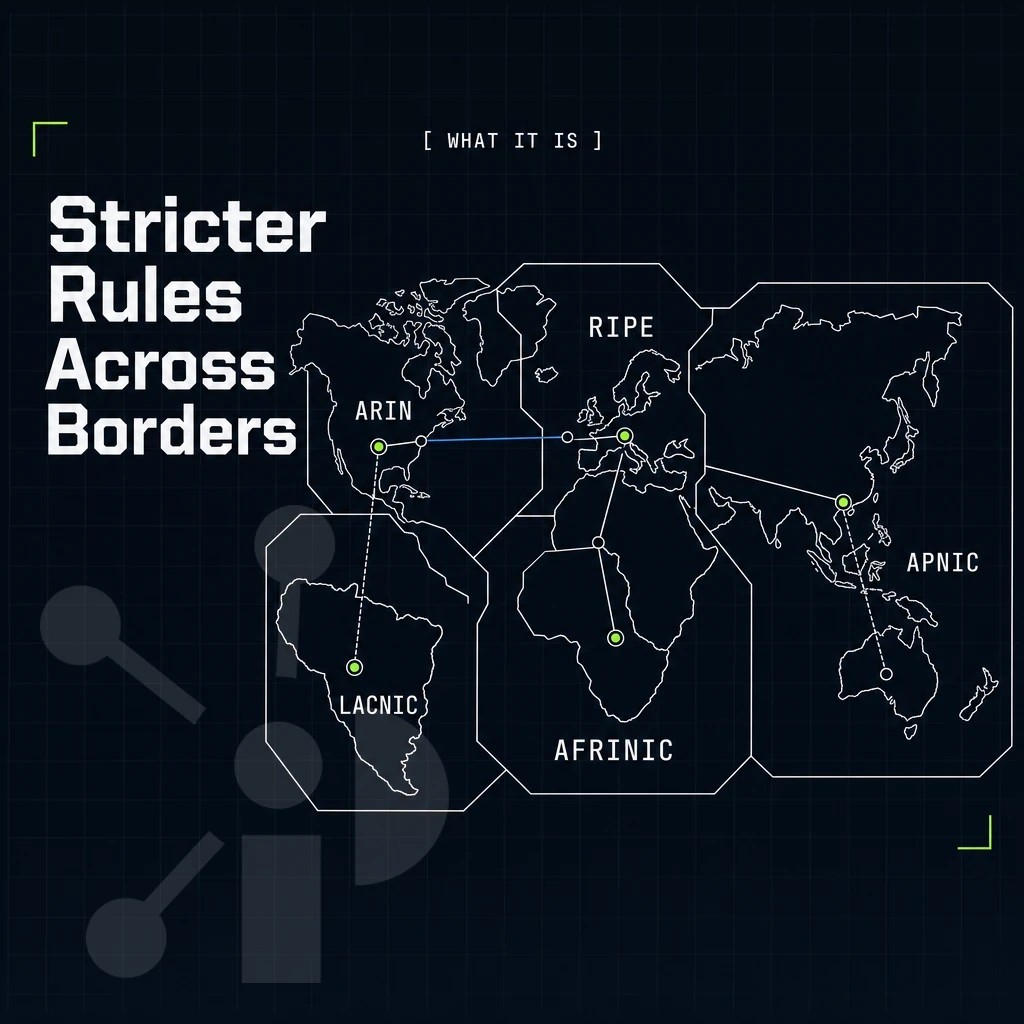 world map with the five regional registry zones outlined