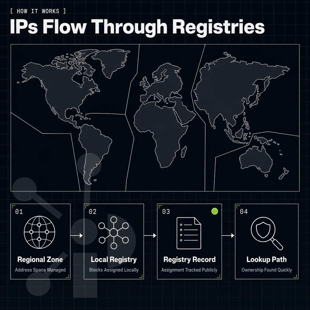 world map with the five regional registry zones outlined