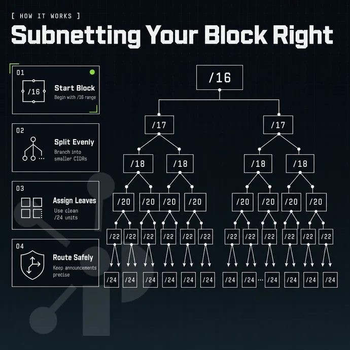 subnet tree diagram branching from a /16 to /24 leaves
